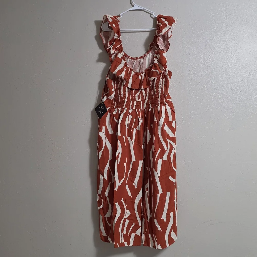 Ava & Viv Linen Blend Abstract Rust Ruffle Midi Dress Smocked Back Rayon Cruise - Picture 4 of 11